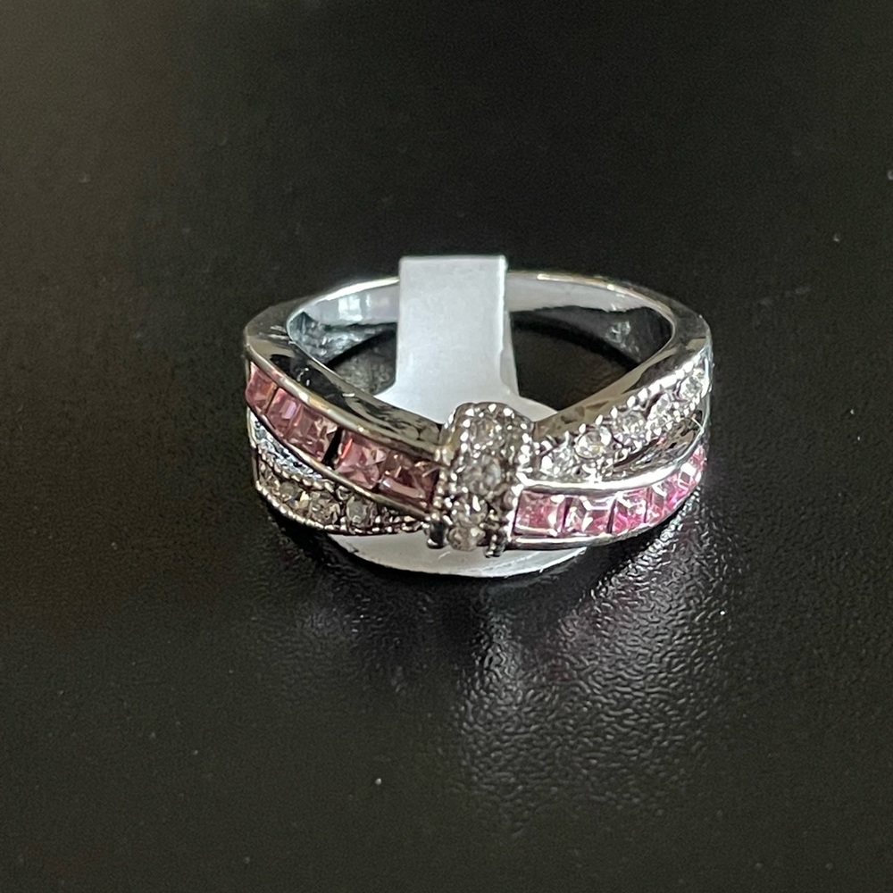 Pink and white crystal silver ring